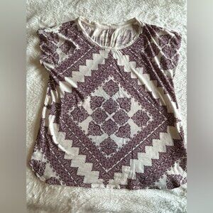 Lucky Brand Boho Print Short Sleeve Tee | Size L | Cream & Burgundy